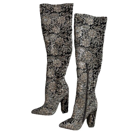 Lauren Lorraine Boots Women’s Size 6 Block Heel Over The Knee Thigh High Sequins - Picture 1 of 16